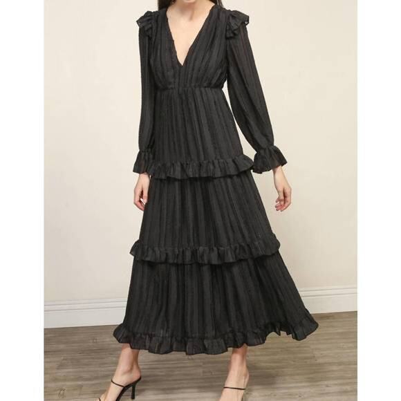 Nw Line & Dot Harlow Tiered Midi Dress M Ruffle V Neck Whimsigoth Witchy Cottage - Picture 1 of 11